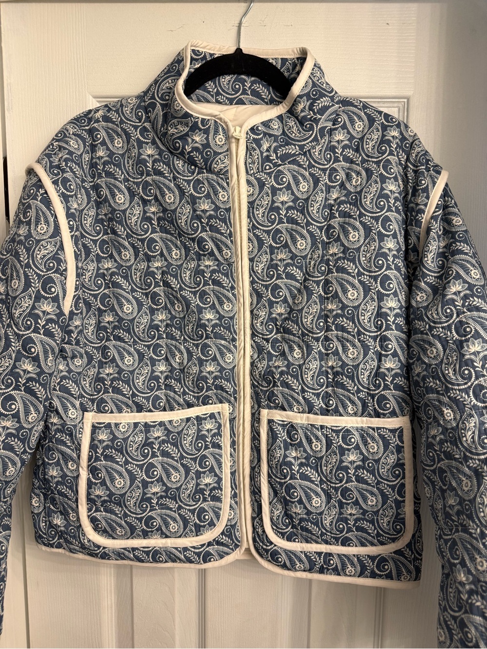 Thread & Supply Blue Paisley Quilted Jacket with Cream Trim